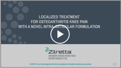 Image with text that reads 'Localized treatment for osetoarthritis knee pain with novel intraarticular formulation', play button overlaid on image to play video